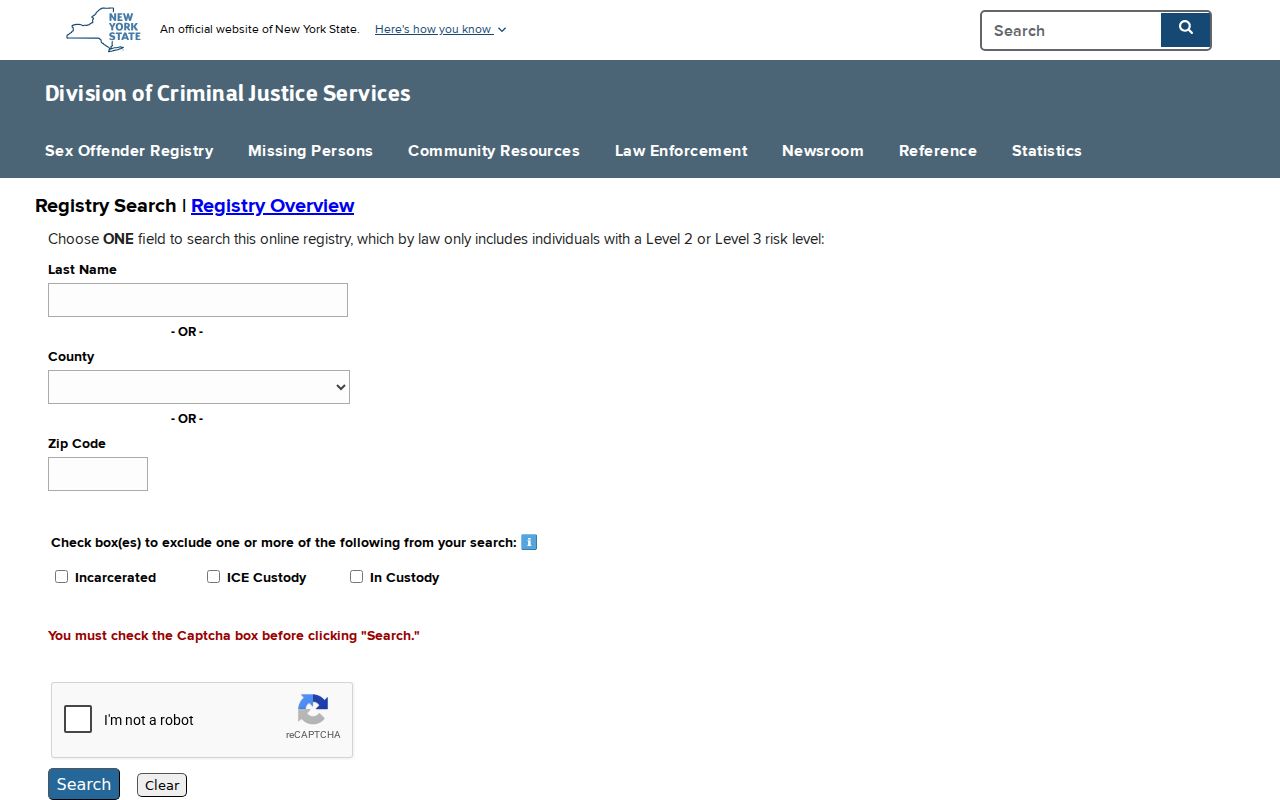 Cortland County sex offender lookup fields in the DCJS directory